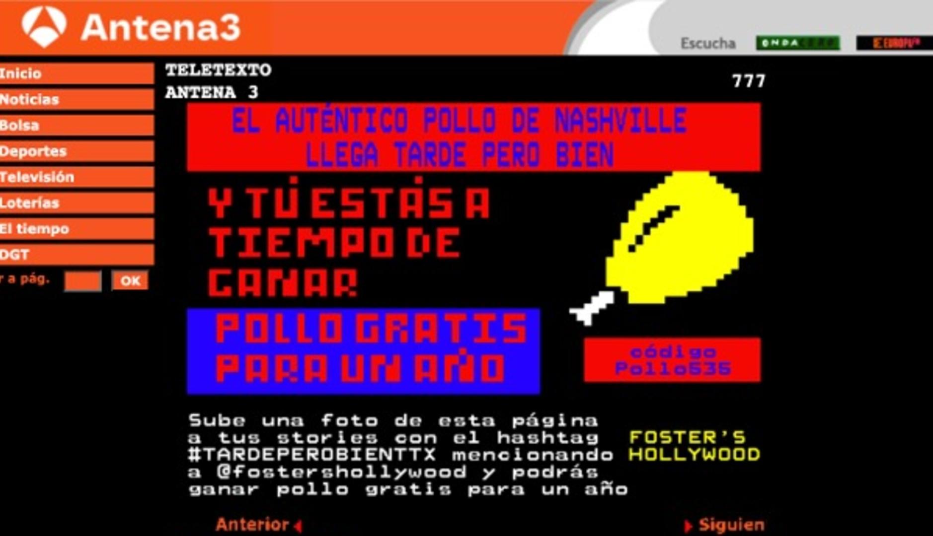 Página del teletexto con un anuncio de Foster's Hollywood