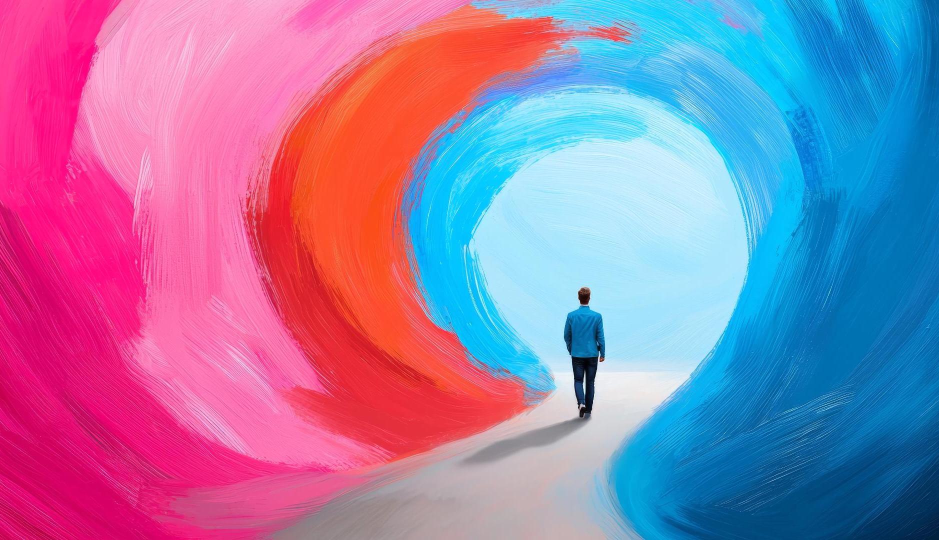 Ilustración de un hombre que atraviesa un túnel de colores