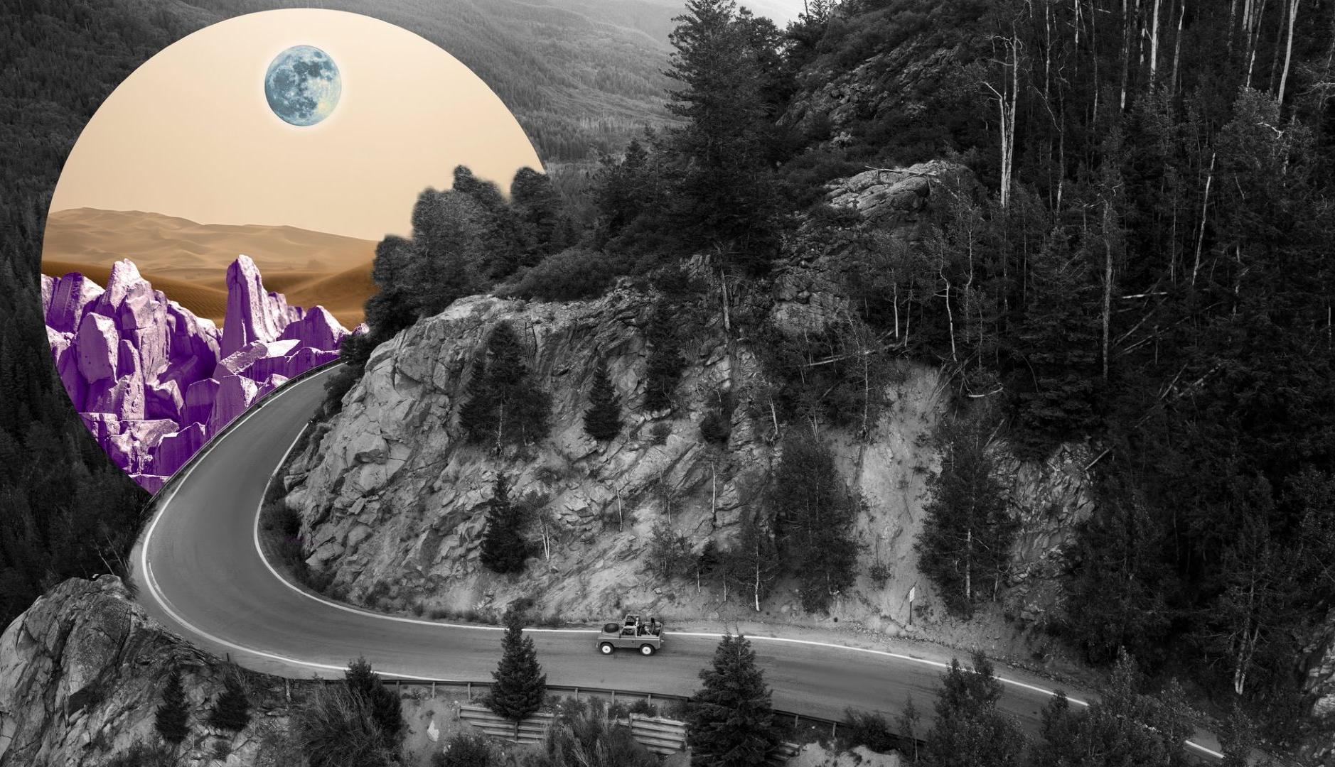 Collage de una carretera en blanco y negro con un paisaje lunar superpuesto a color
