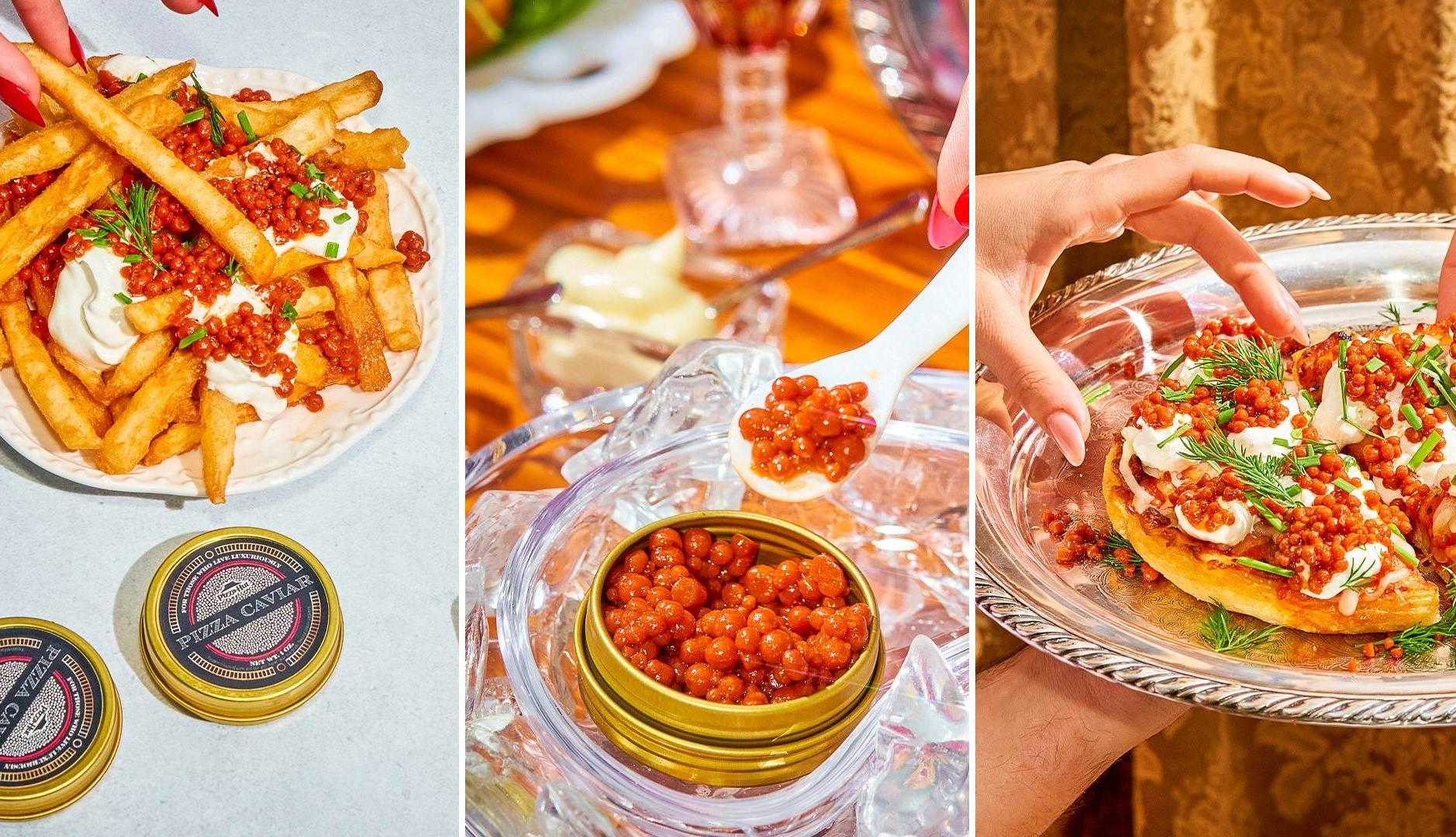 El topping Pizza Caviar sobre patatas fritas y pizza, en una imagen dividida en tres secciones