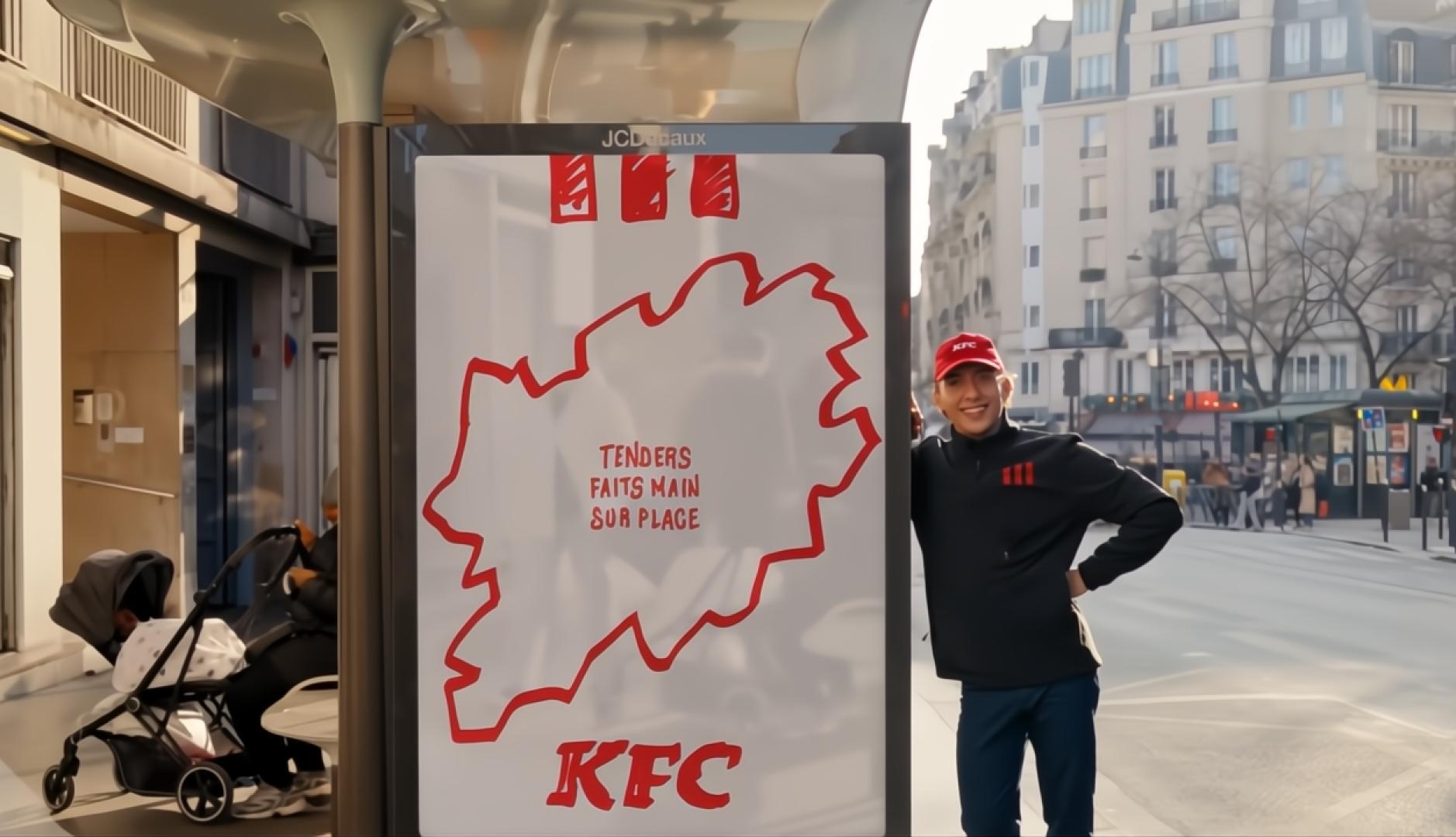 KFCフランスは、彼のフライドチキンの屋外の「手作り」の広告を販売する職人の準備