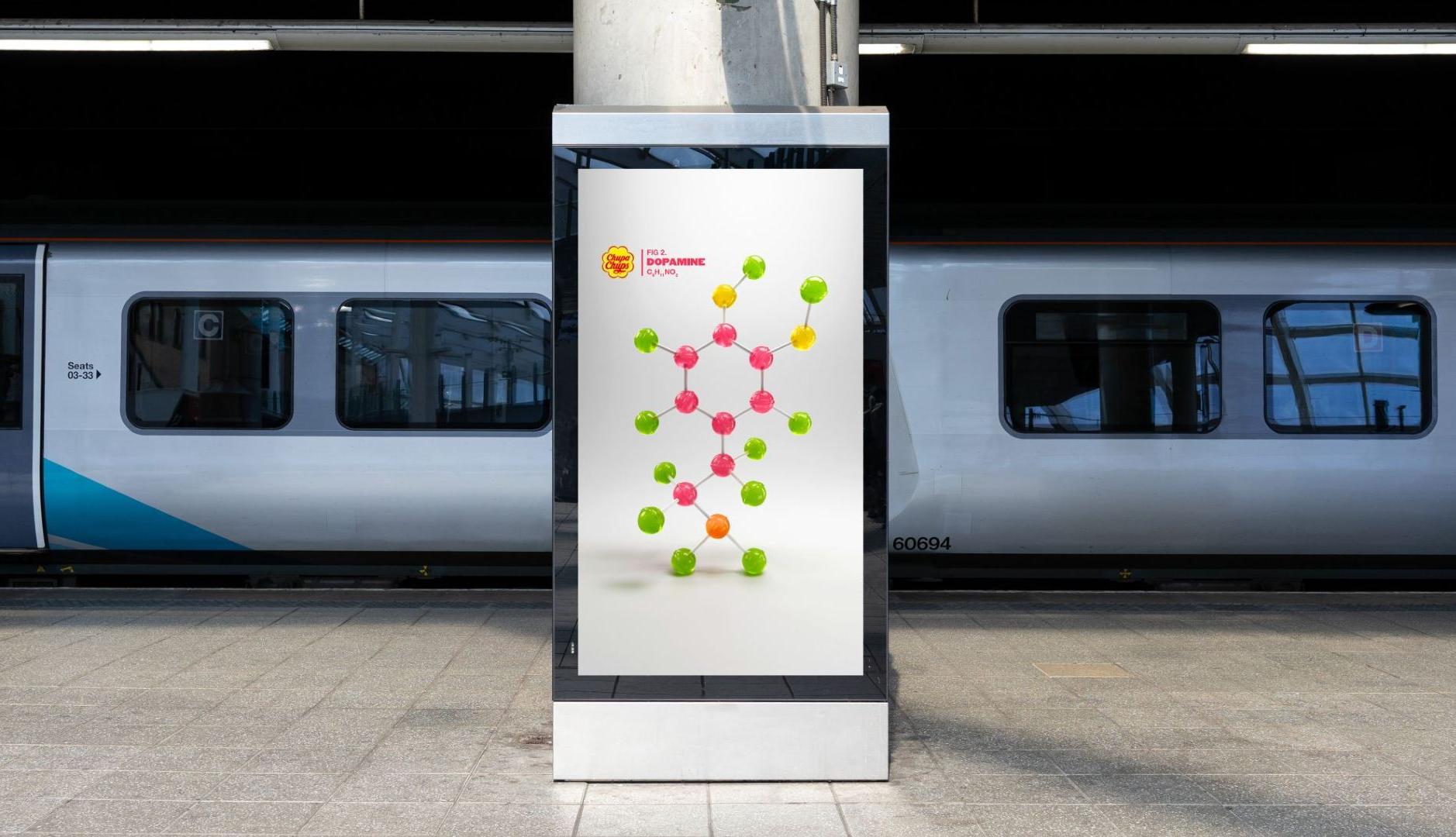 Gráfica publicitaria de Chupa Chups que representa una molécula