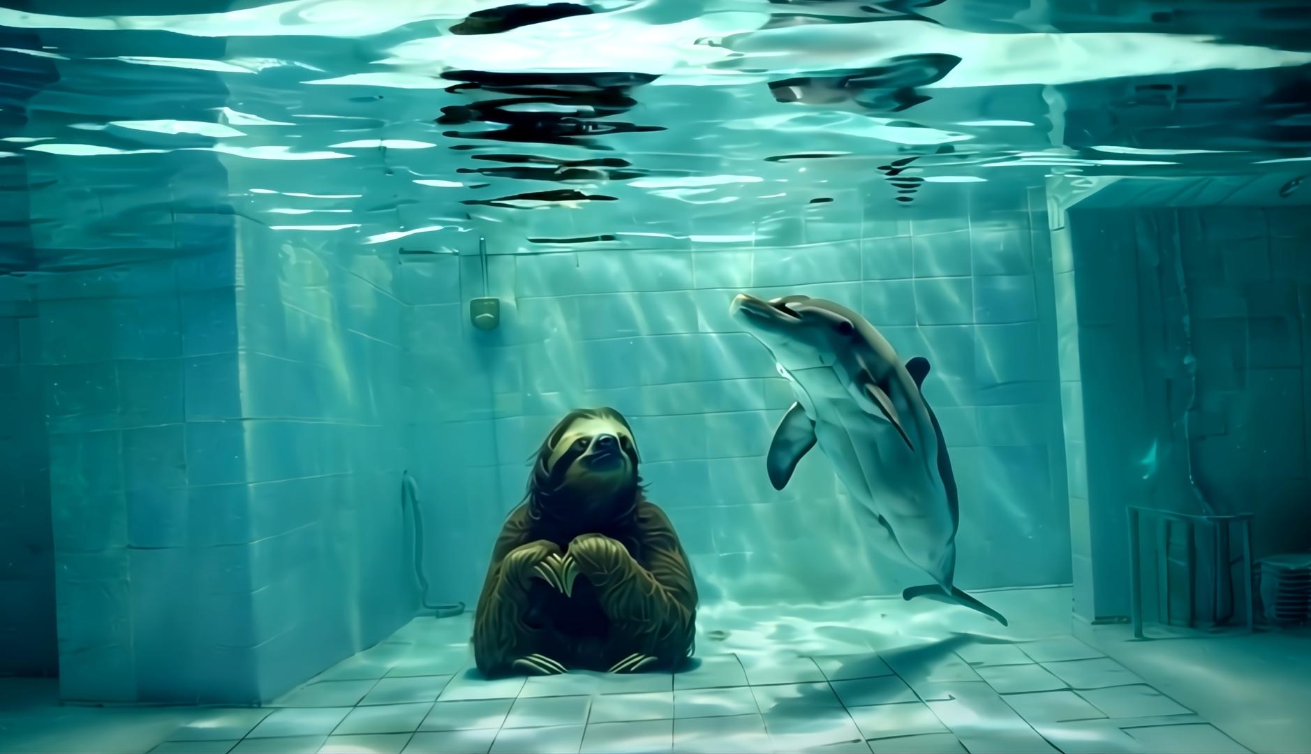 Un perezoso y un delfin en el fondo de una piscina, en una imagen generada con IA