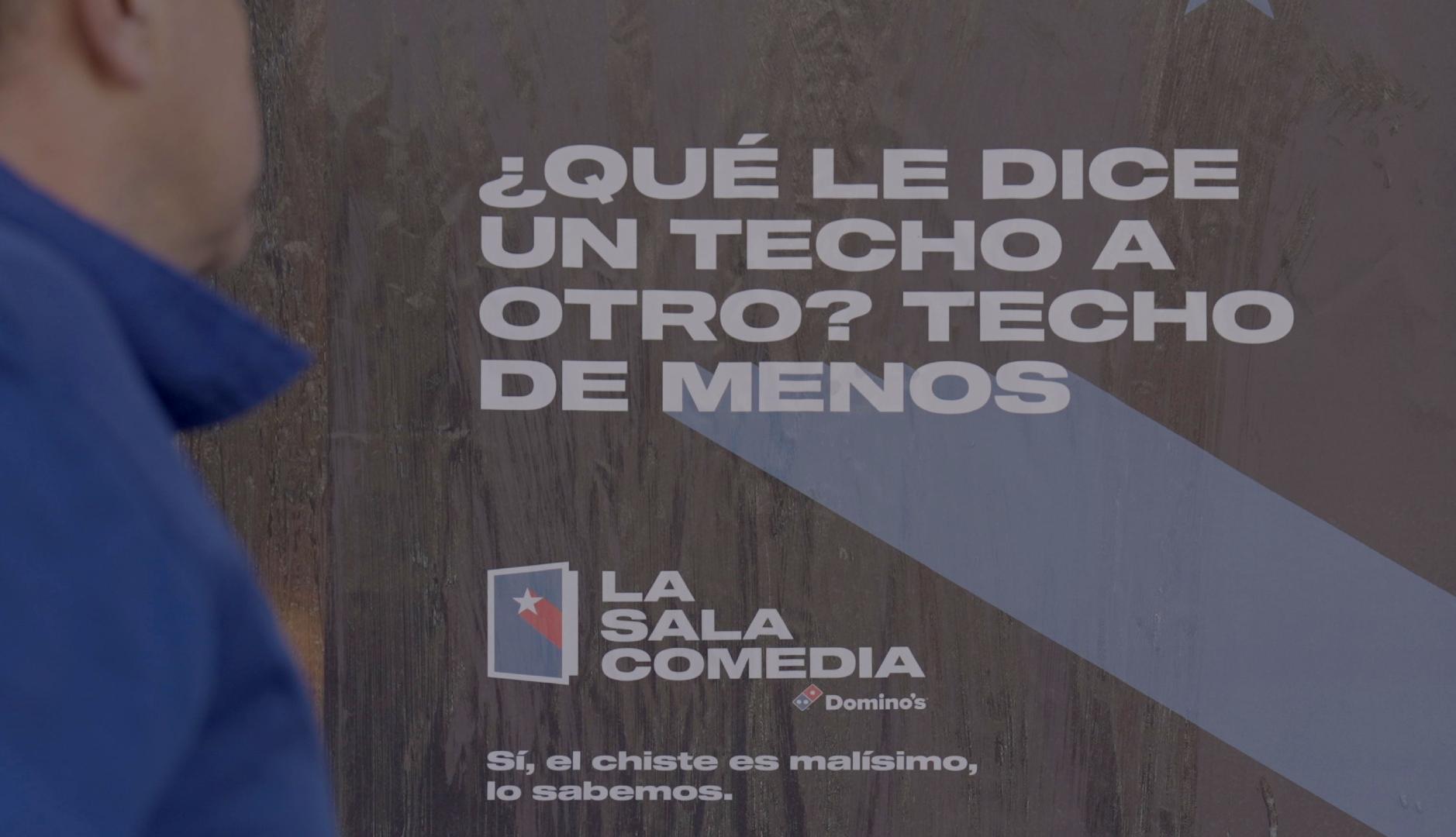 un cartel en el que se lee el chiste: ¿qué le dice un techo a otro? techo de menos
