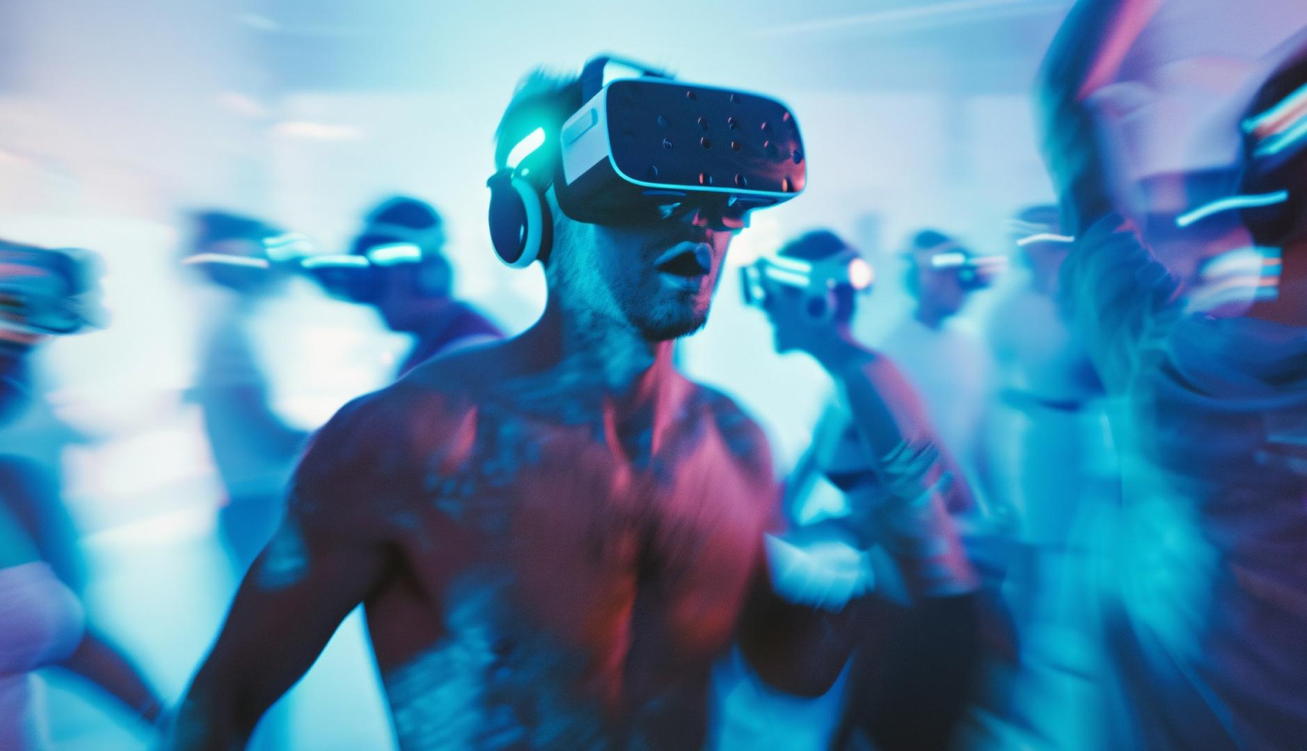 Chico con gafas de realidad virtual en una fiesta
