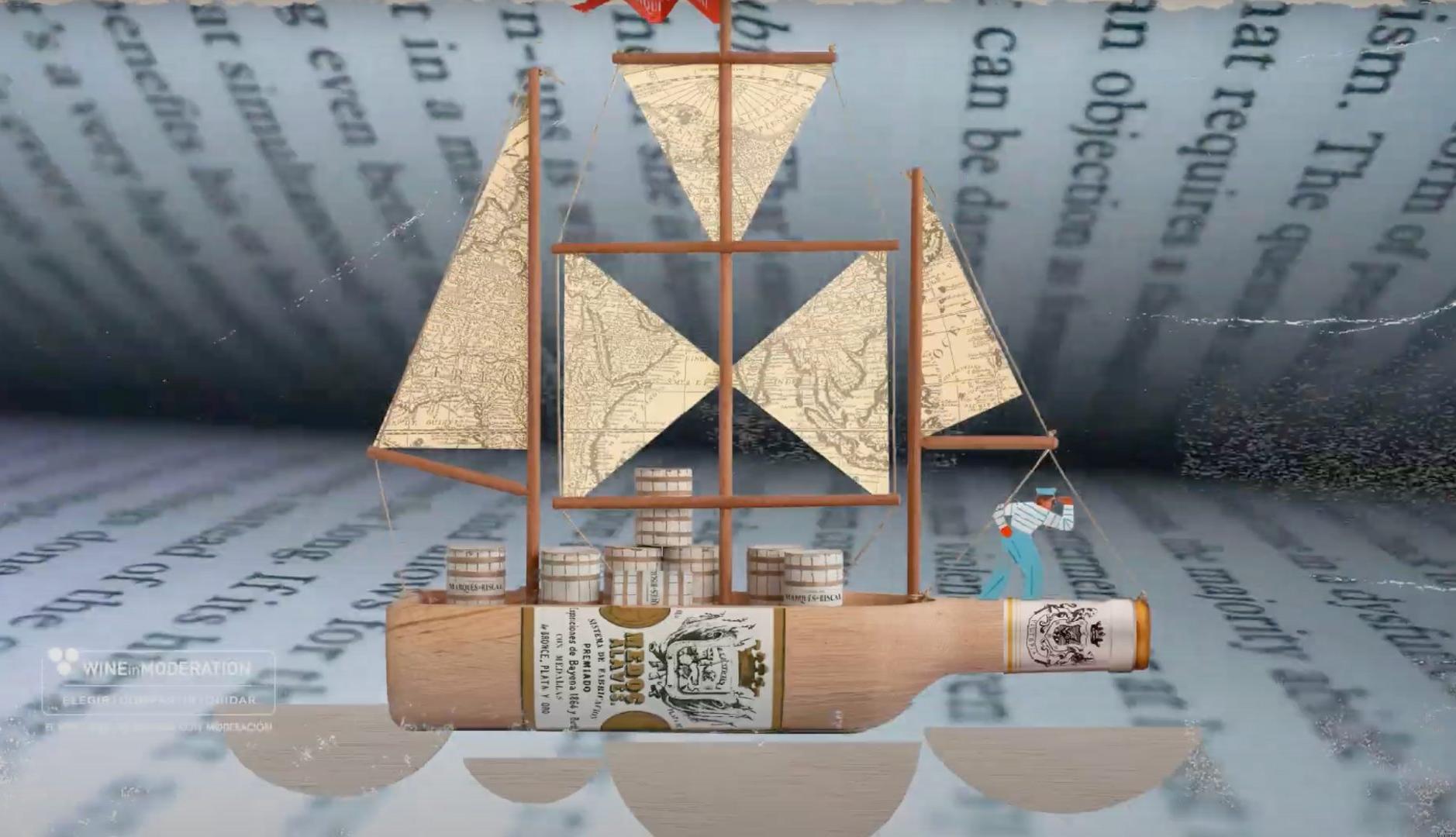 Ilustración de un barco hecho con una botella de vino