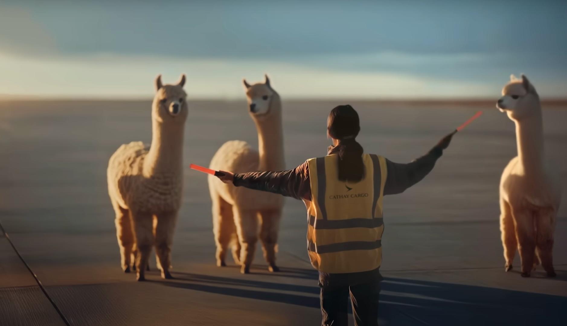 Una mujer dirigiendo a tres llamas en un aeropuerto