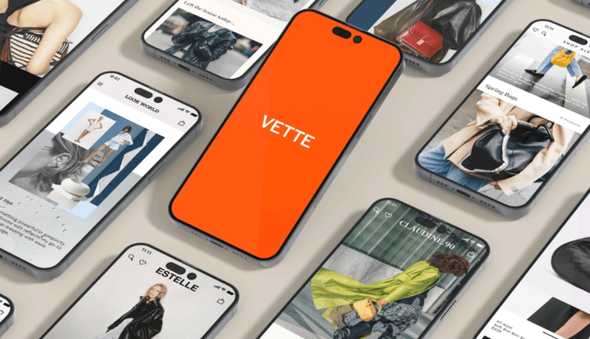 patallas de teléfonos y uno de ellos con fondo naranja y el logotipo de Vette