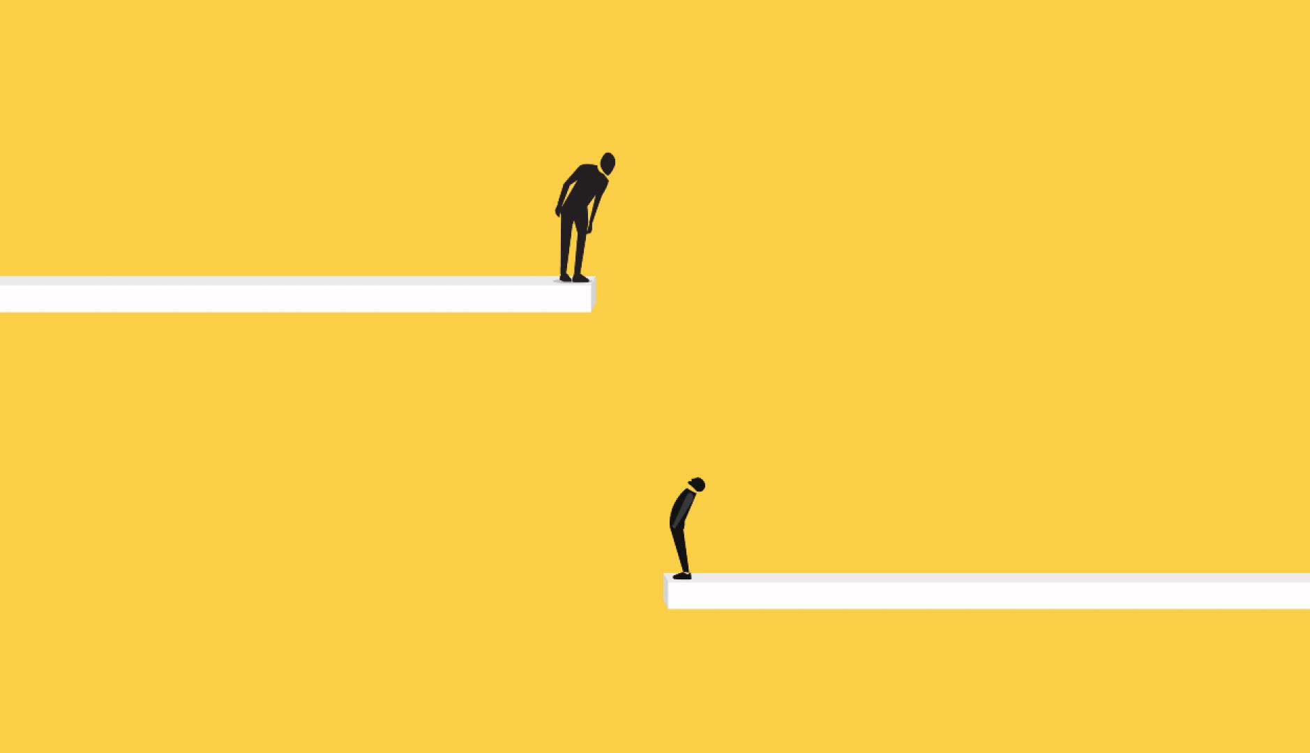 sobre un fondo amarillo una silueta humana negra mira hacia abajo donde hay otra que mira hacia arriba separadas por un abismo