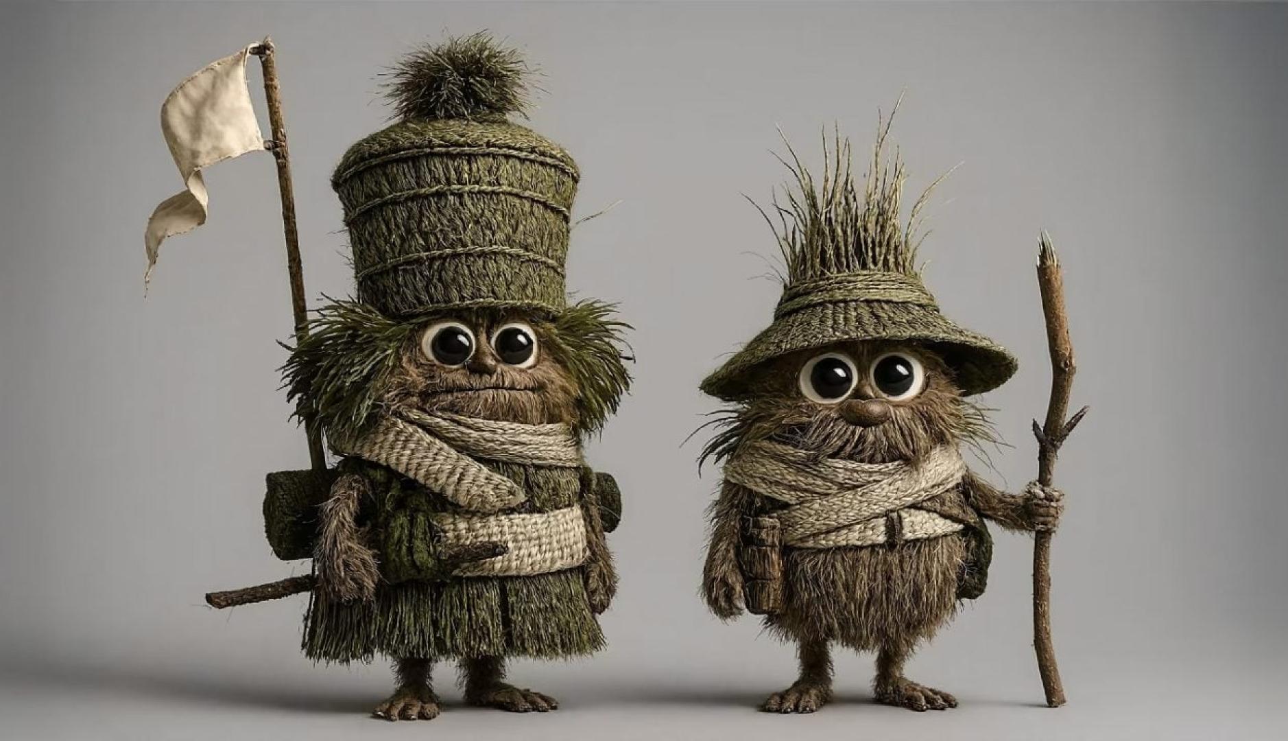 Dos criaturas de la película, hechas con palos y paja