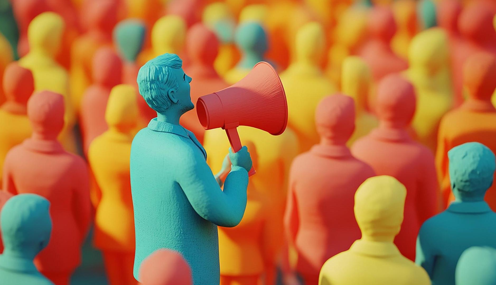 Figura de un hombre con un altavoz frente a una multitud