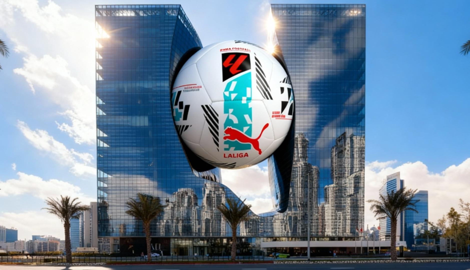 un balon gigante de la liga incrustado en un edificio con fachada de espejos