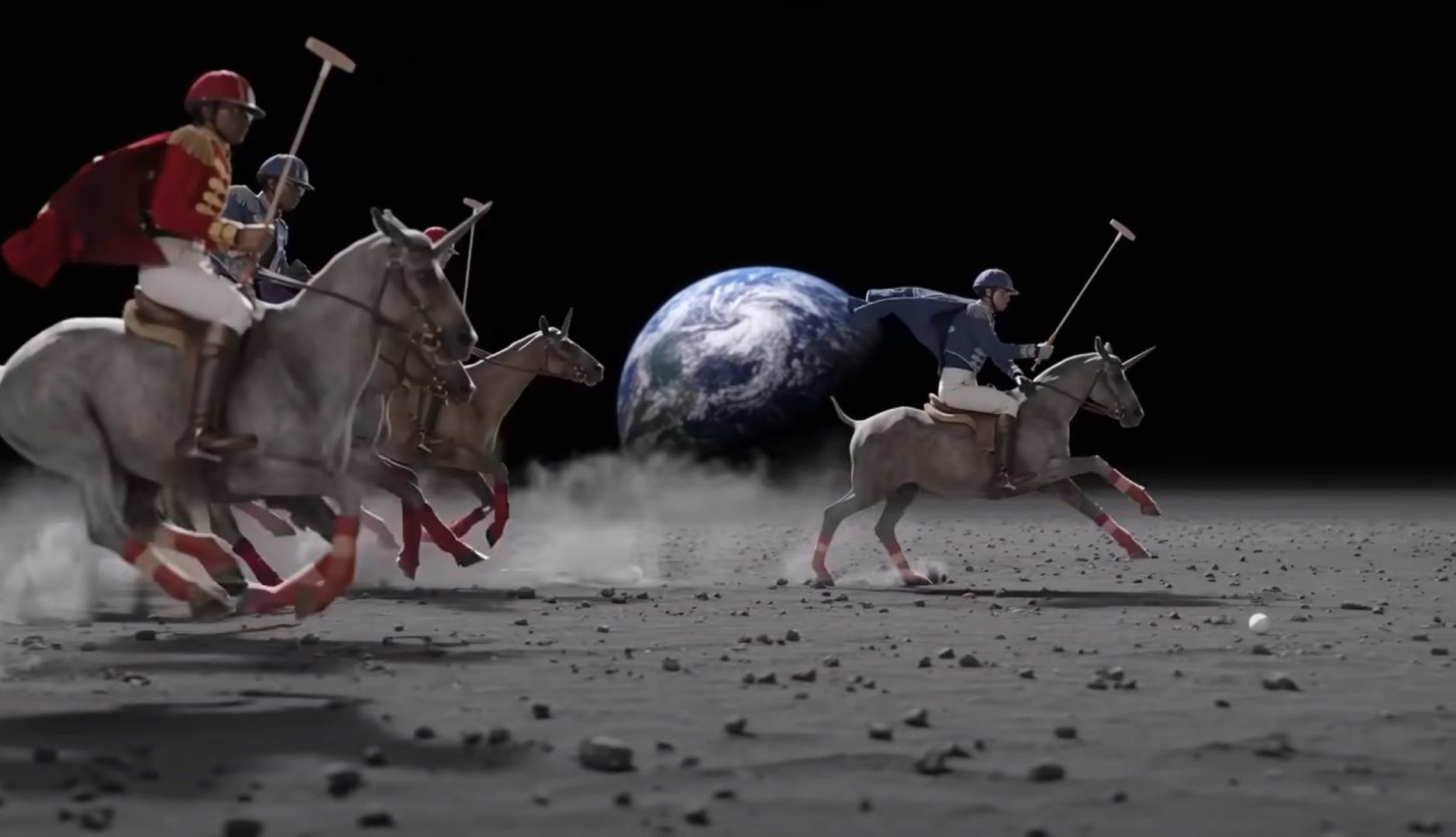 Jinetes montando en unicornios en la superficie de la luna