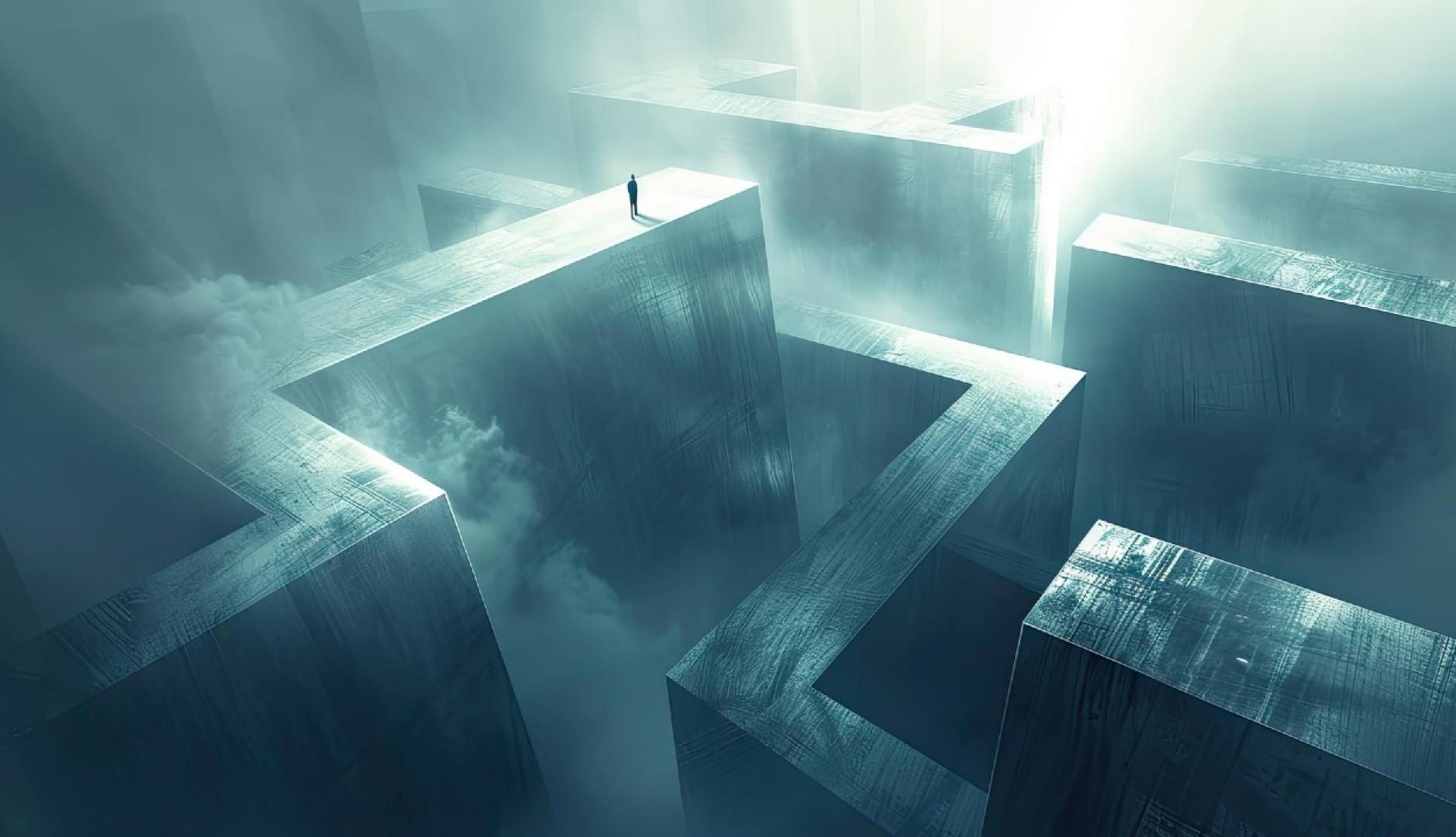 un laberinto con niebla y una persona perdida