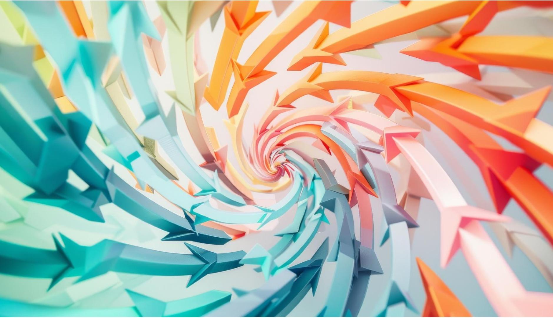 flechas en espiral de colores azules, rosa y naranja