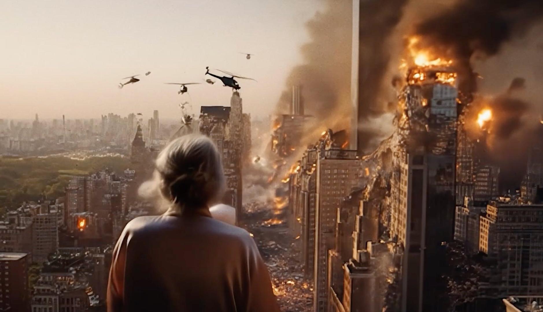 Fotograma de la película The Great Reset que muestra a una mujer observando rascacielos destruidos