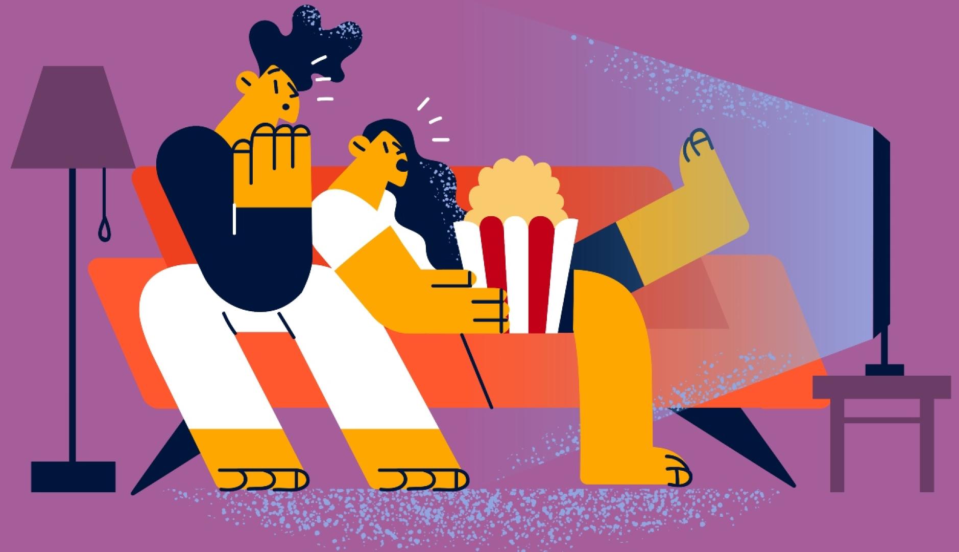 Ilustración de una pareja viendo la televisión en el sofá con palomitas