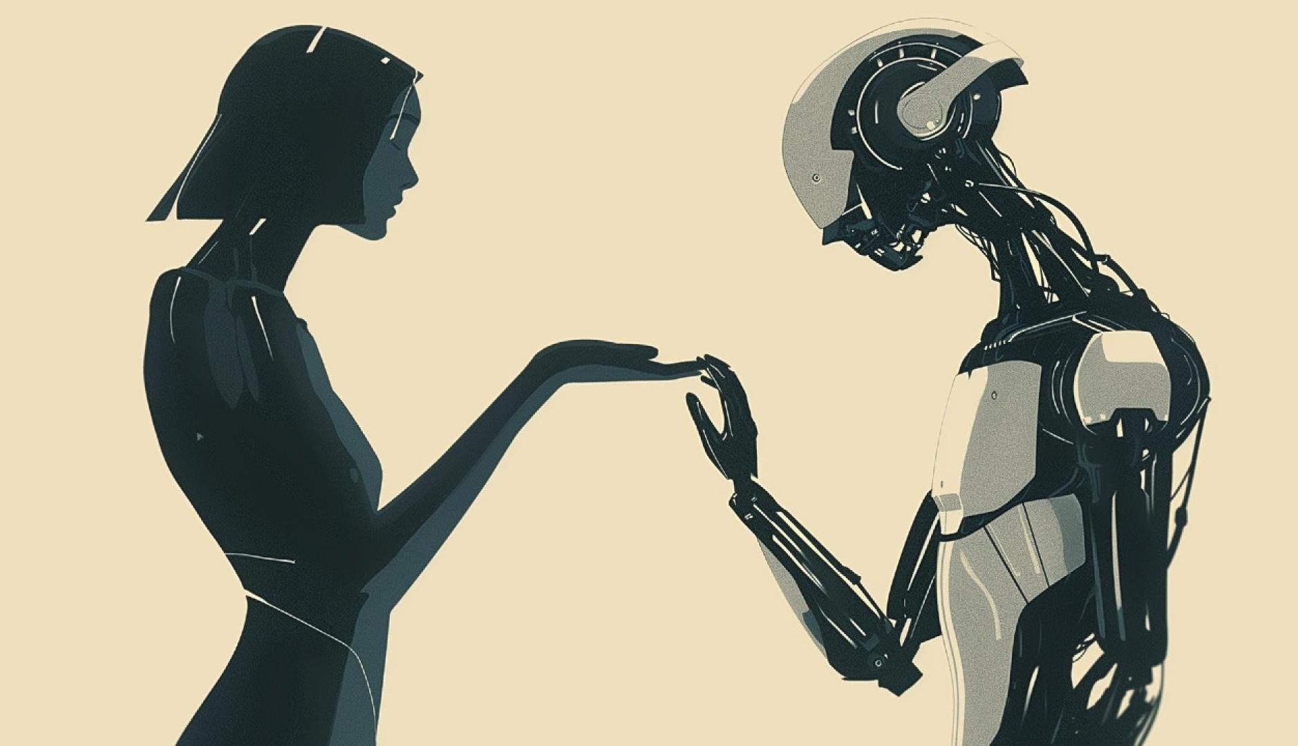 Las siluetas de perfil de una chica que da la mano a un robot