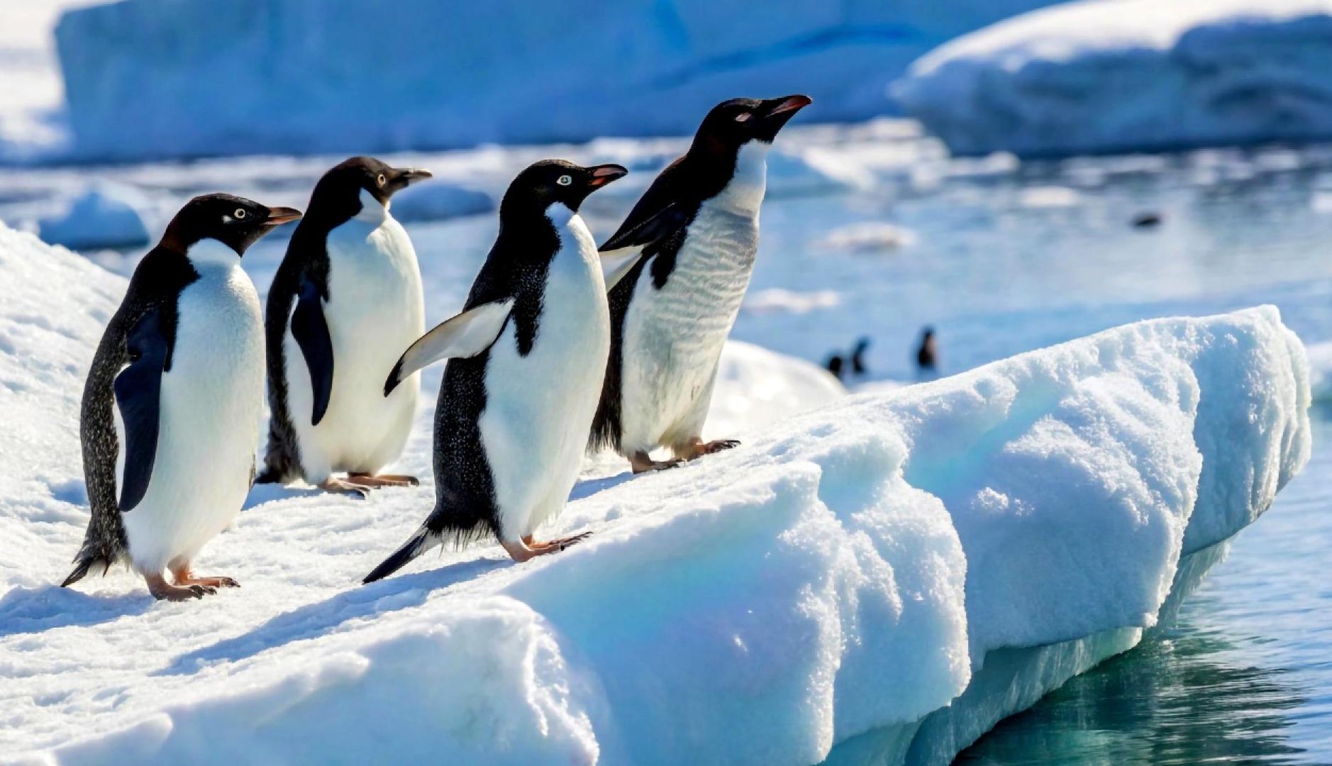 Cuatro pingüinos en el hielo a punto de saltar al agua