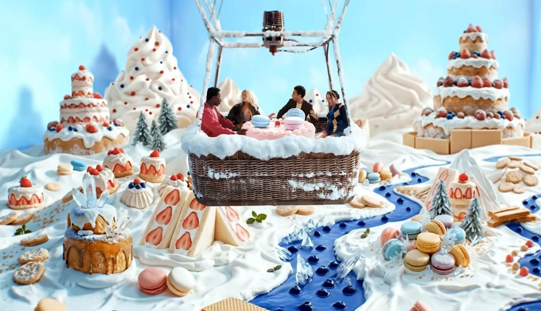 Amigos en un globo en un mundo imaginario de dulces