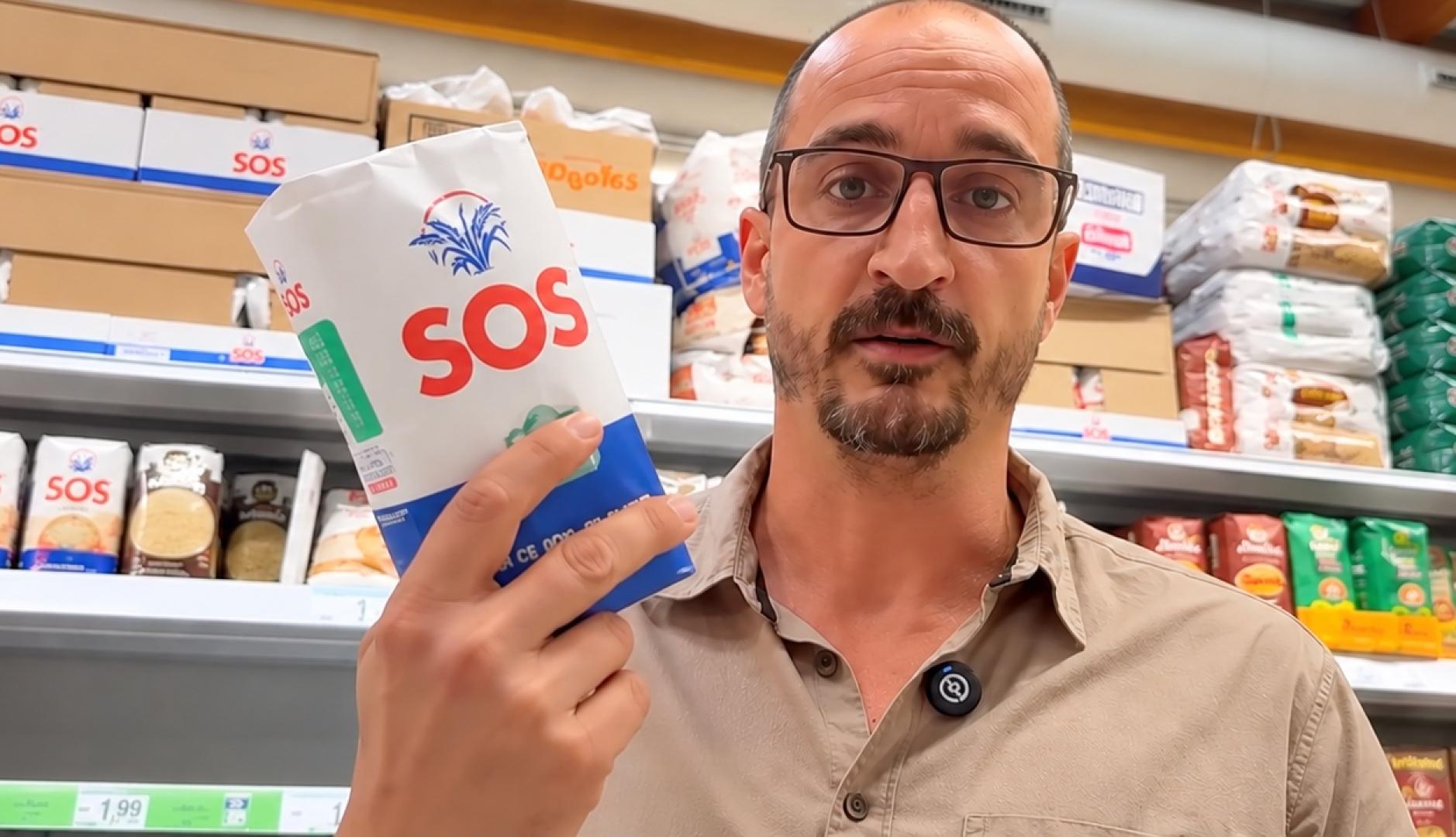 Un hombre en el supermercado con el paquete de SOS nuevo en la mano