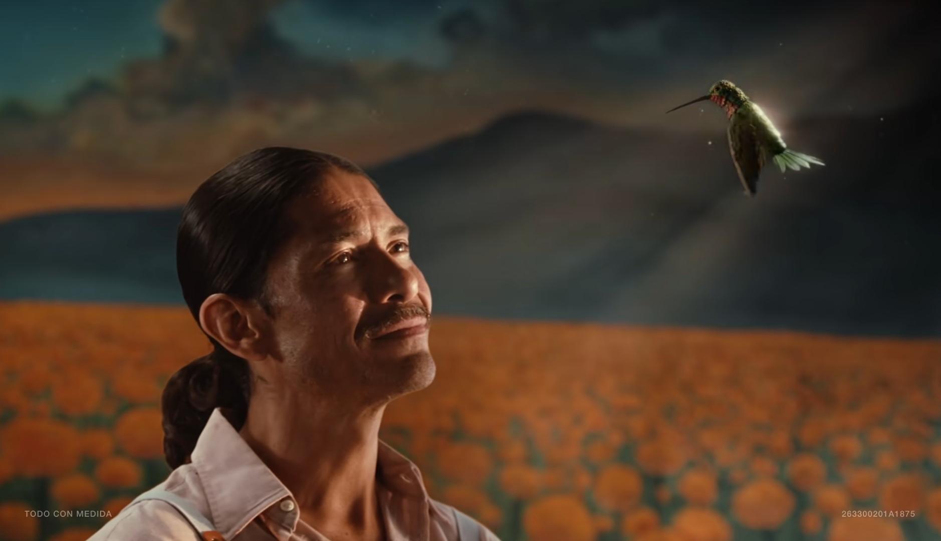Hombre mirando sonriente a un colibrí
