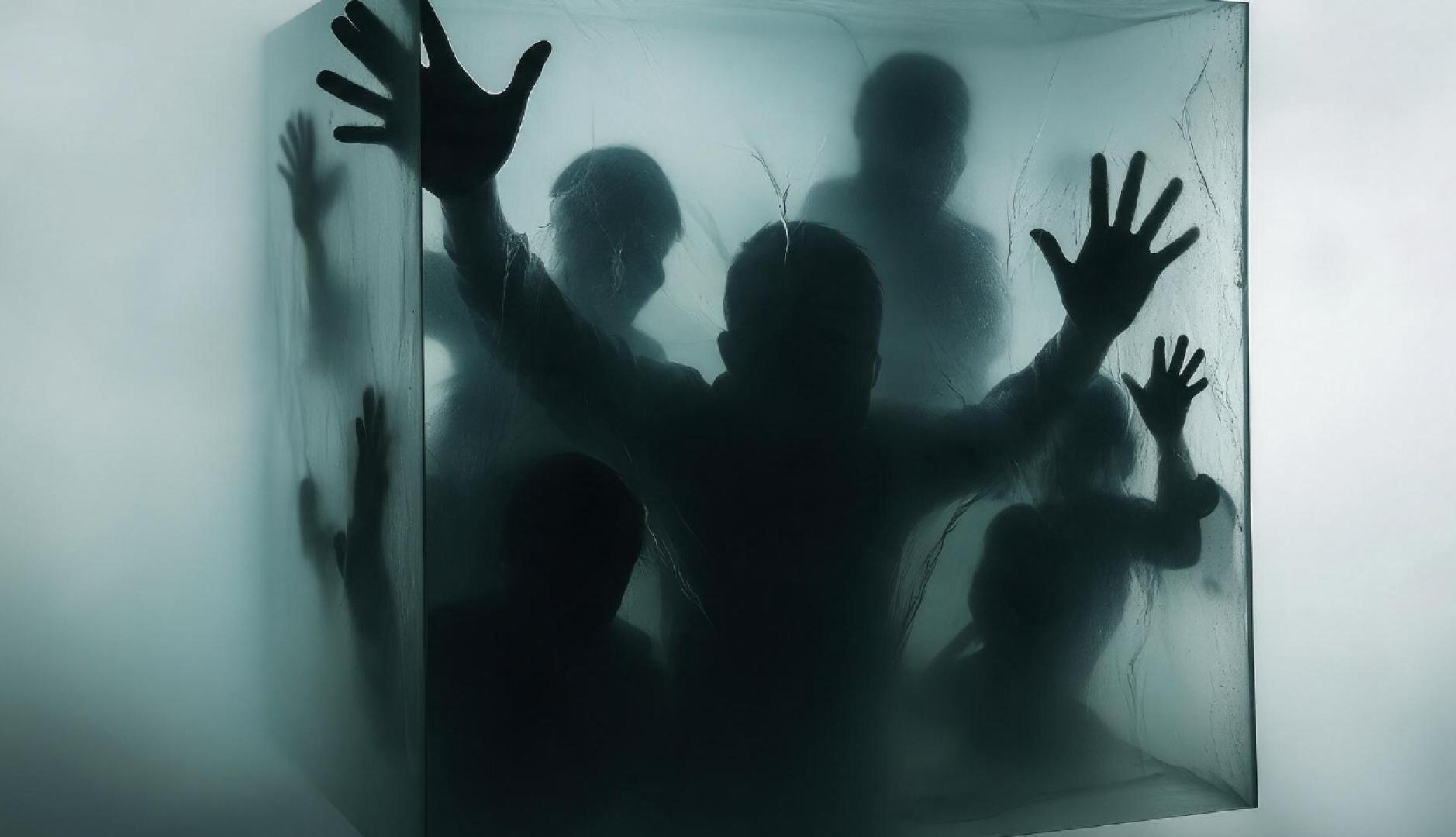 Sombras de personas dentro de un cubo de cristal, intentando salir